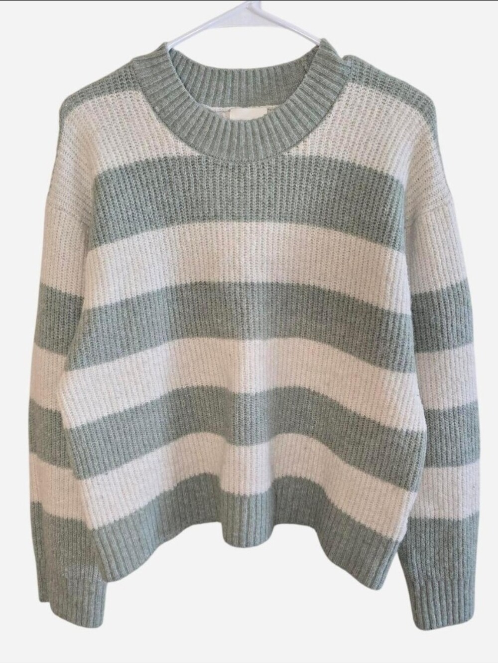 H&M Striped Knit Sweater Womens Small Sage Green White Soft Cozy Pullover